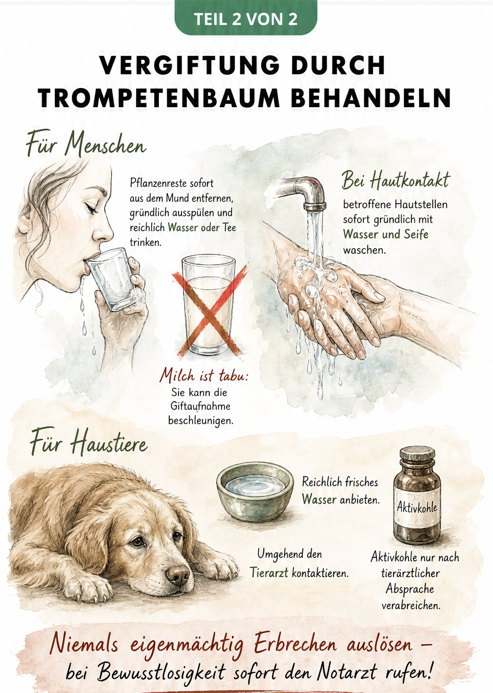 Aquarell-Skizze mit Erster-Hilfe-Maßnahmen bei einer Vergiftung durch den Trompetenbaum für Menschen und Haustiere.