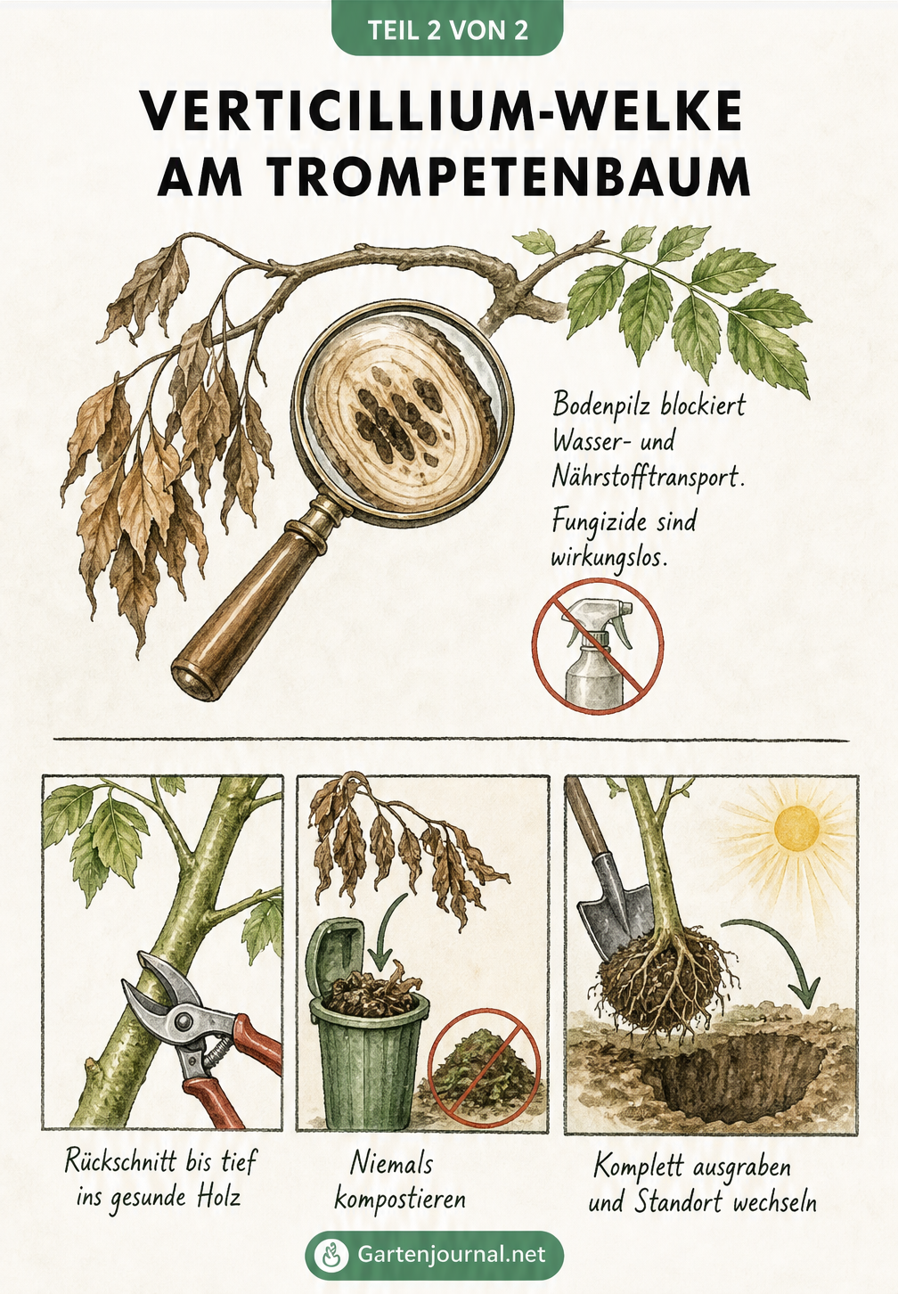 Illustration eines welken Trompetenbaum-Astes mit verstopften Leitungsbahnen und drei Schritten zur Rettung: Rückschnitt, Entsorgung im Hausmüll und...