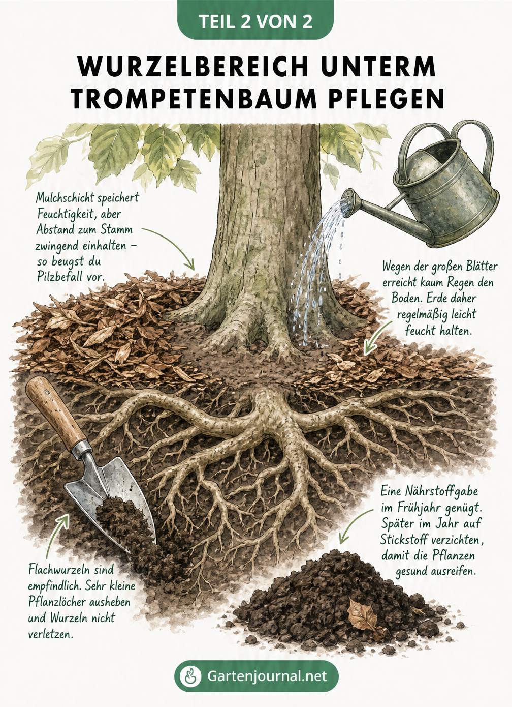 Nahaufnahme des Wurzelbereichs eines Trompetenbaums mit Mulchschicht, Gießkanne und Pflanzkelle