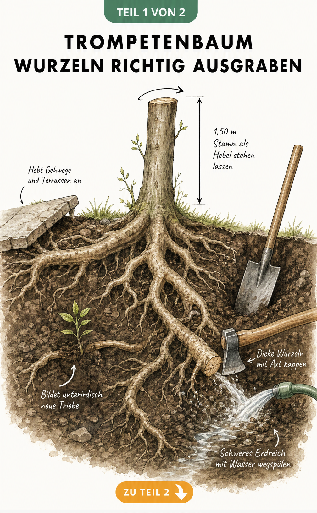 Querschnitt eines Gartenbodens mit einem gekappten Trompetenbaum, dessen Wurzeln eine Terrassenplatte anheben, während ein Spaten und eine Axt zur Entfernung...