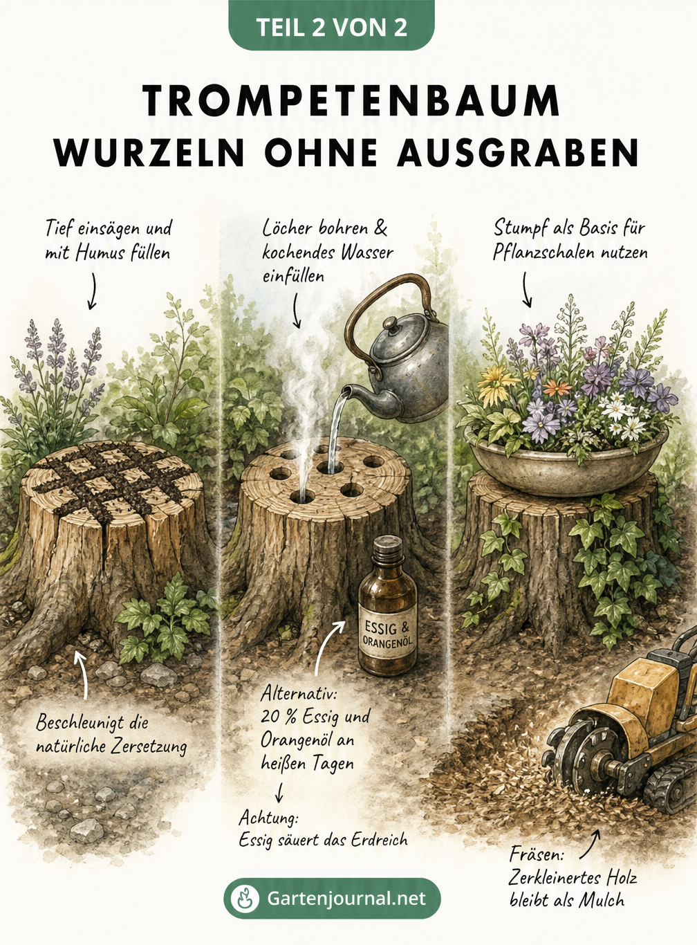 Drei Gartenszenen zeigen alternative Methoden zur Wurzelbehandlung: Einsägen und mit Humus füllen, Löcher bohren für kochendes Wasser und die Nutzung des...