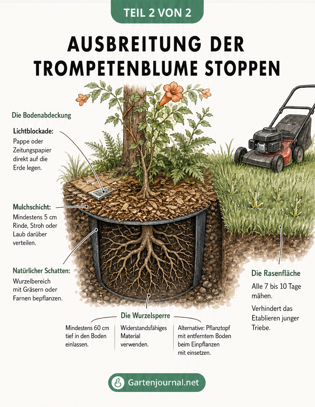 Querschnittszeichnung eines Gartenbeets mit Trompetenblume: Wurzelsperre im Boden, Mulchschicht als Lichtblockade und regelmäßiges Rasenmähen.