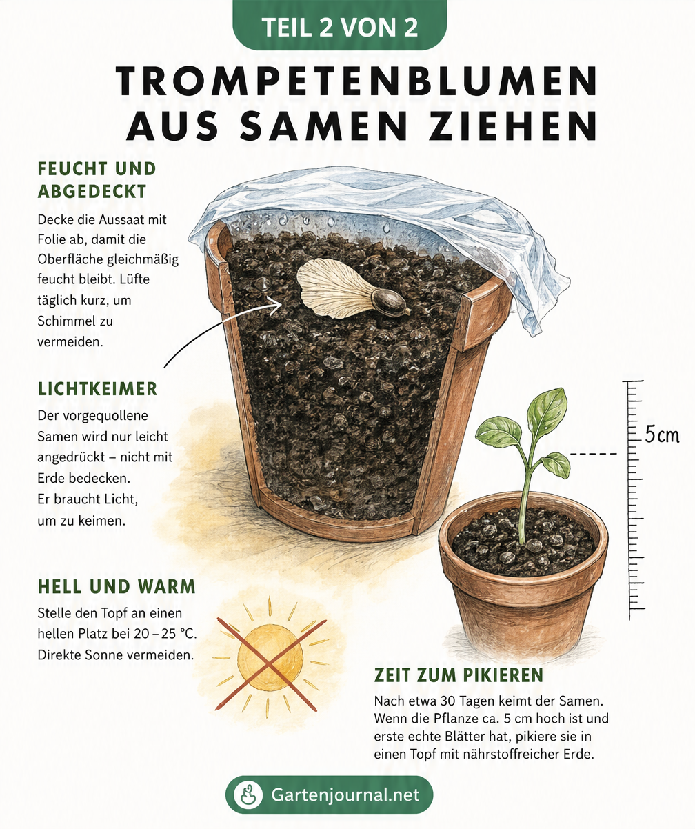 Schnittzeichnung eines Anzuchttopfes mit einem Trompetenblumen-Samen auf der Erde, abgedeckt mit Folie, und einem kleinen Sämling daneben