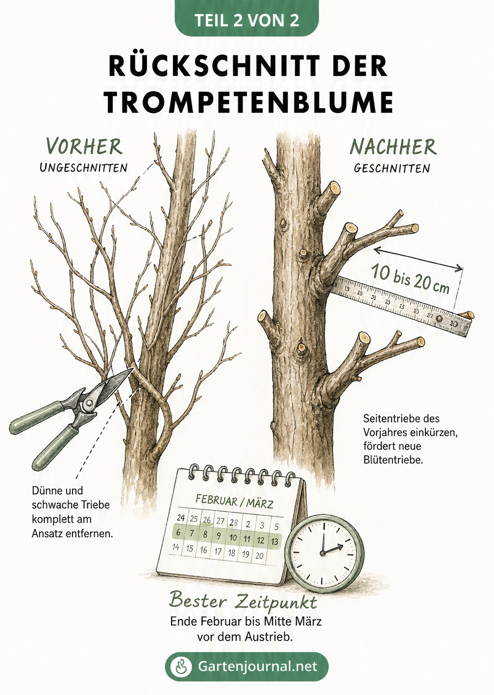 Botanische Zeichnung eines Trompetenblumen-Triebs, die den Rückschnitt der Seitentriebe auf 10 bis 20 Zentimeter zeigt