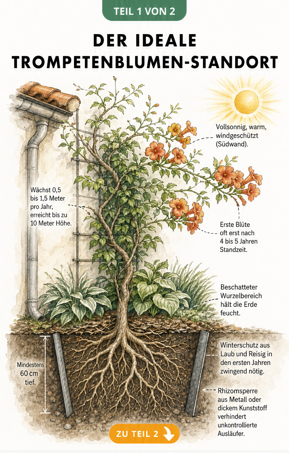 Botanische Illustration einer Trompetenblume an einer Hauswand mit Hinweisen zu Standort, Wachstum und Rhizomsperre