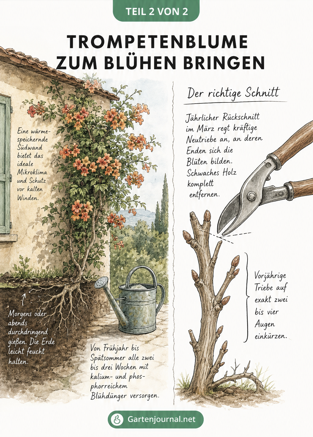 Illustration einer blühenden Trompetenblume an einer Hauswand mit Tipps zu Standort, Gießen, Düngen und Rückschnitt