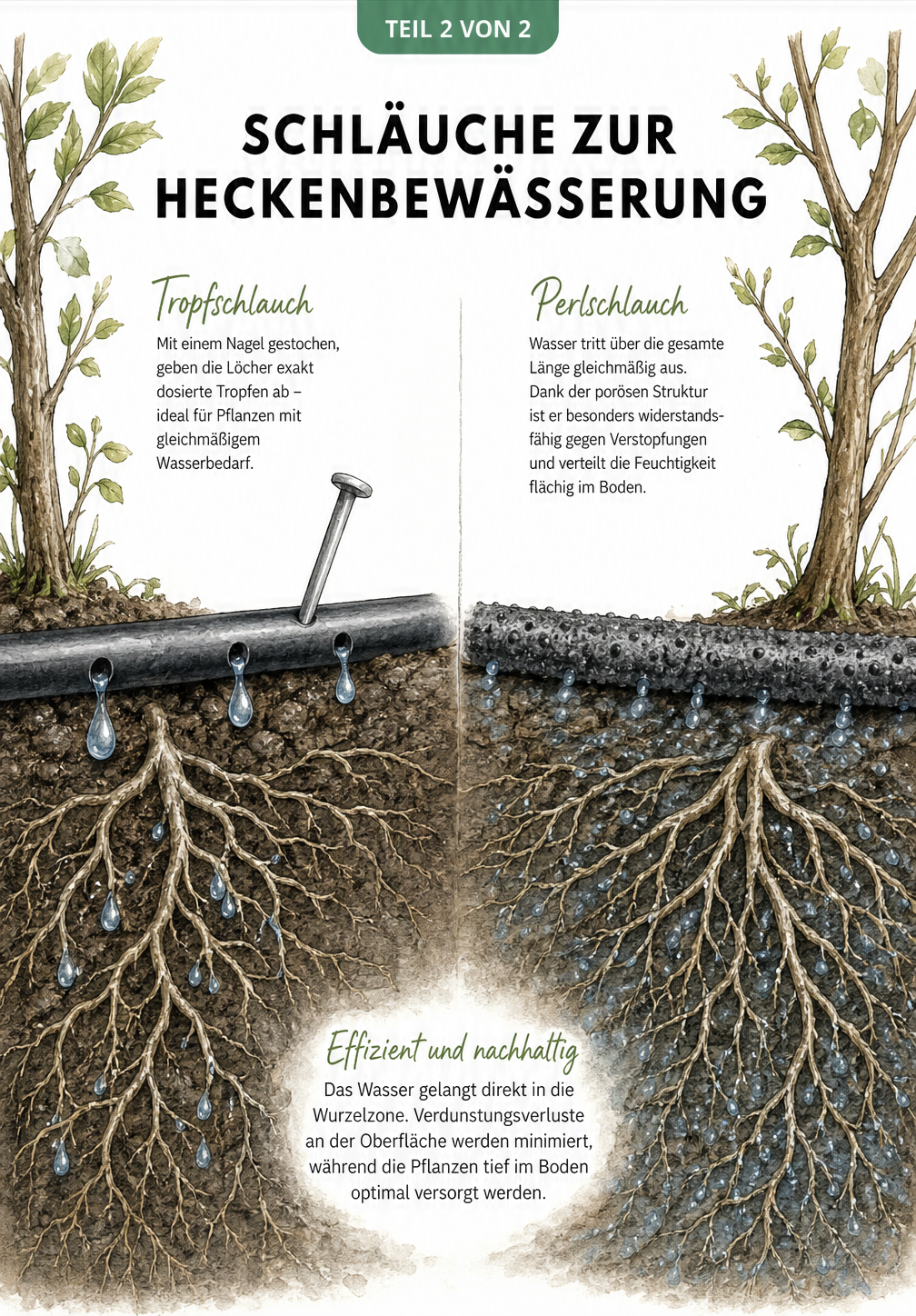 Botanische Illustration, die den Unterschied zwischen einem Tropfschlauch mit punktgenauer Wasserabgabe und einem schwitzenden Perlschlauch im Wurzelbereich...
