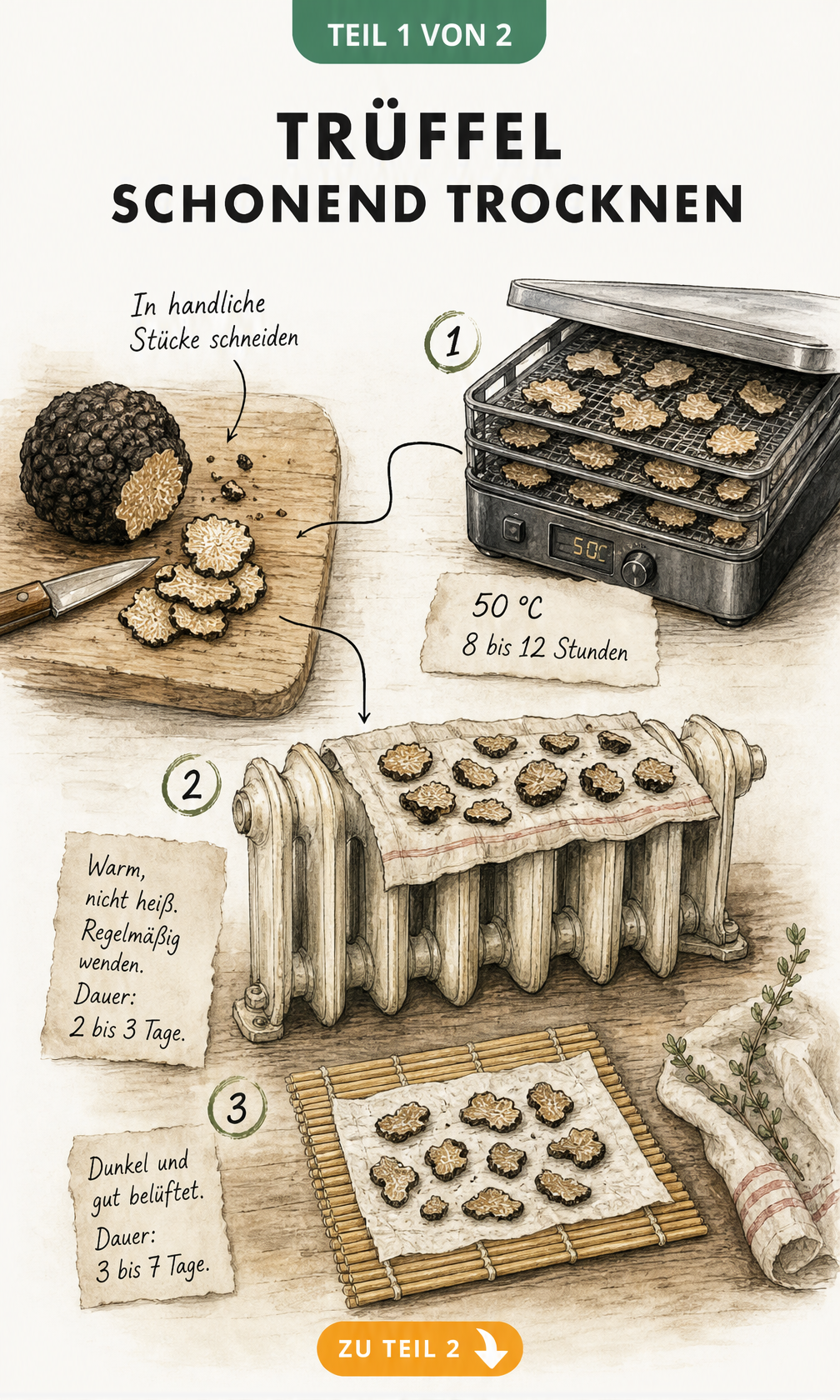 Illustration von drei Methoden zum Trocknen von Trüffeln: Dörrgerät, Heizkörper und Sushi-Matte