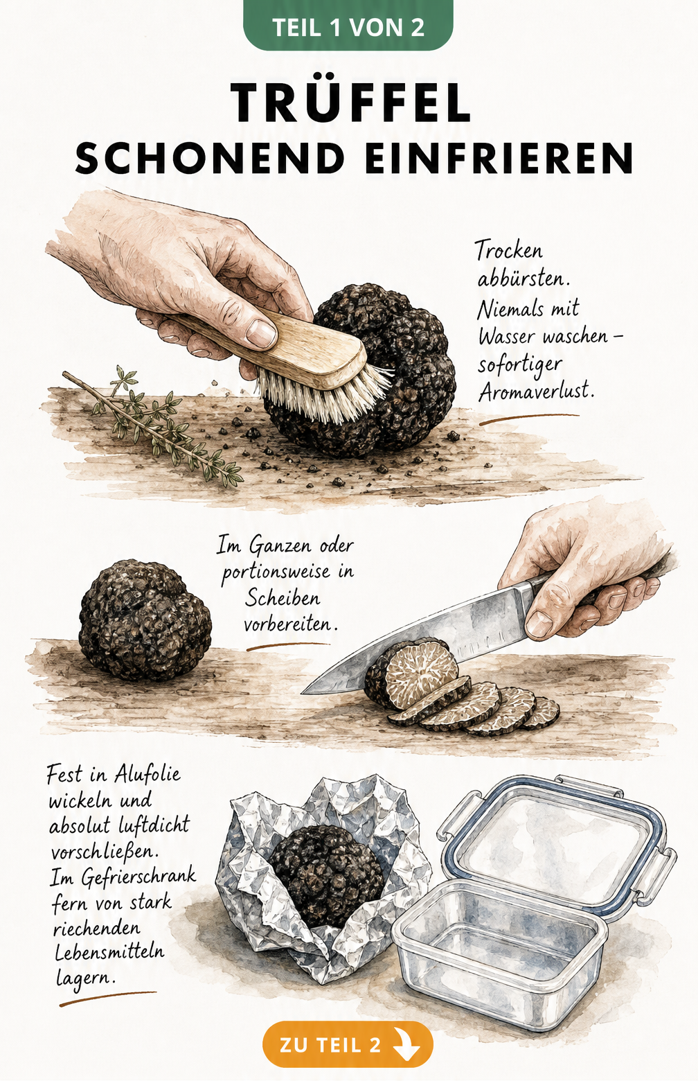 Illustration eines frischen Trüffels, der mit einer Bürste gereinigt, in Scheiben geschnitten und in Alufolie verpackt wird.