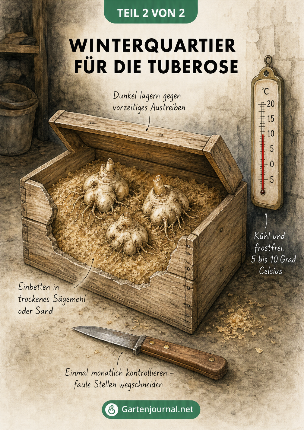 Illustration einer Holzkiste mit Tuberosenknollen in Sägemehl und einem Thermometer bei 5 bis 10 Grad