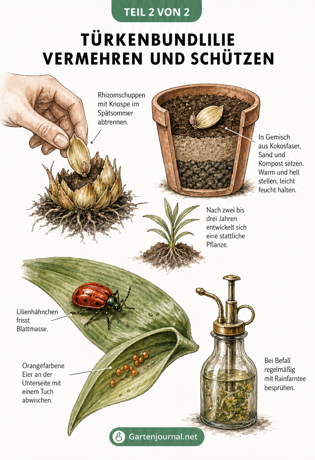 Illustration zur Vermehrung der Türkenbundlilie durch Rhizomschuppen und Erkennung des Lilienhähnchens