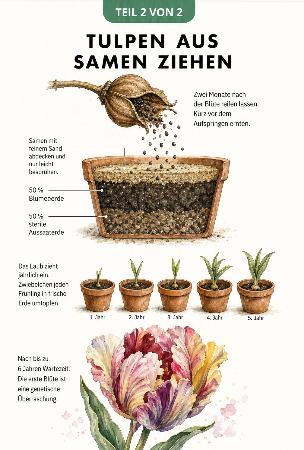 Zeichnung der Tulpenvermehrung aus Samen, von der reifen Samenkapsel über die Aussaat im Tontopf bis zur Blüte nach mehreren Jahren.