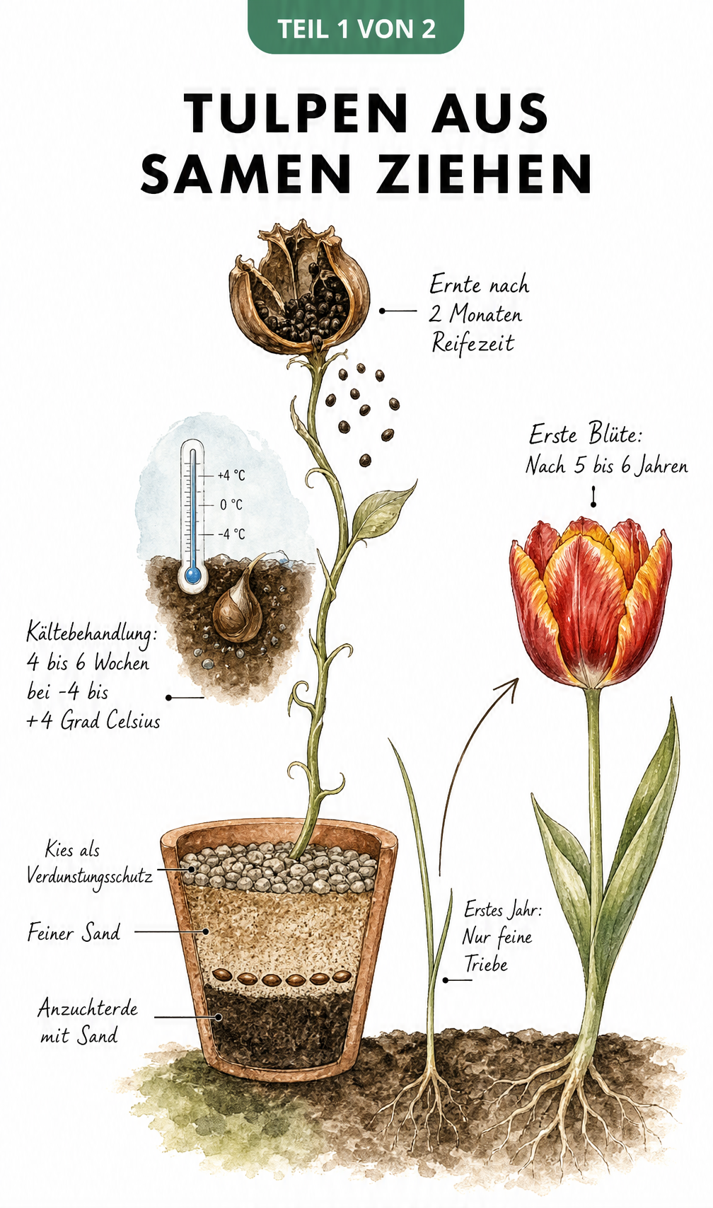 Botanische Illustration: Tulpen aus Samen ziehen mit Zeitstrahl von der Ernte bis zur ersten Blüte nach 5 bis 6 Jahren