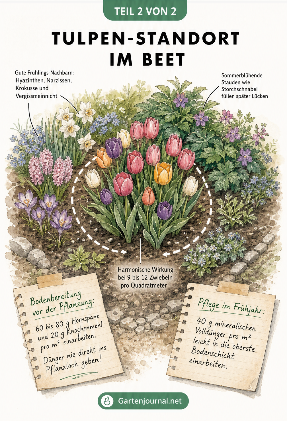 Illustration eines Gartenbeets mit einer Tulpen-Gruppe, Begleitpflanzen und Hinweisen zur Nährstoffversorgung