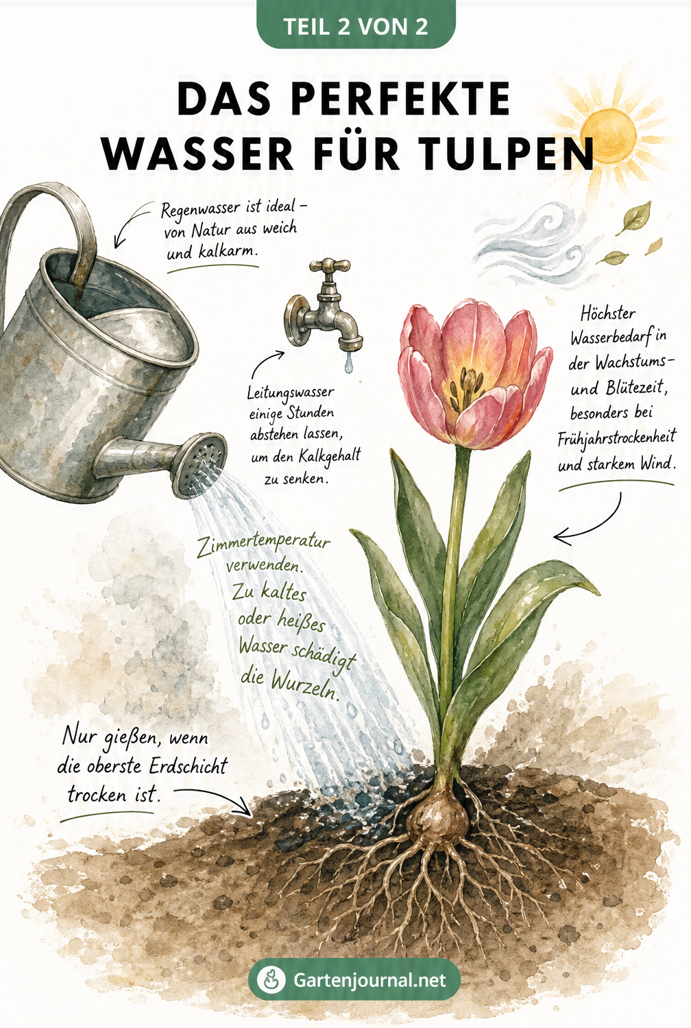 Zinkgießkanne gießt eine Tulpe mit Hinweisen zu Regenwasser, Wassertemperatur und Gießzeitpunkt