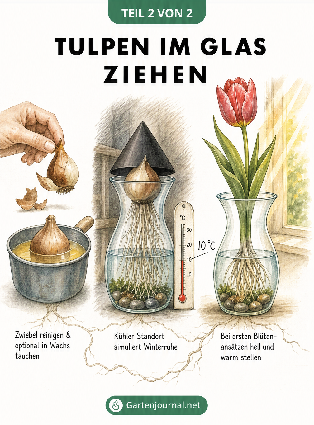Illustration der drei Phasen beim Tulpenziehen im Glas: Zwiebel reinigen, kühler Standort für Winterruhe und heller Standort für die Blüte