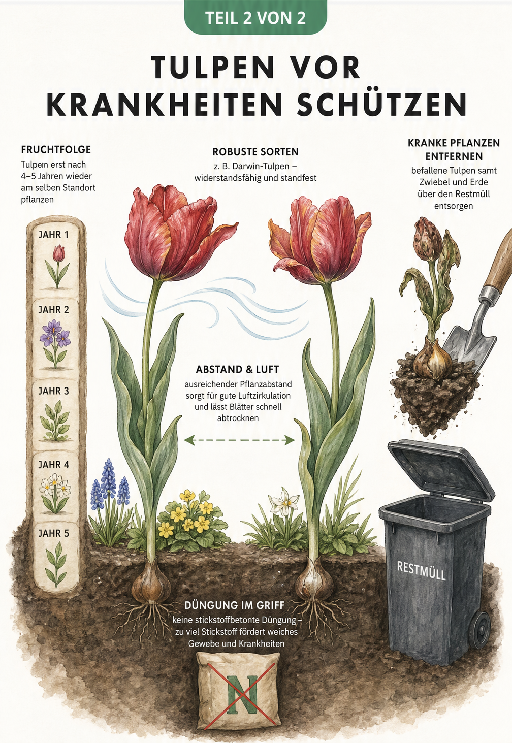 Illustration eines Gartenbeets mit gesunden Tulpen, weitem Pflanzabstand, Fruchtfolge-Zeitleiste und Entsorgung kranker Pflanzen