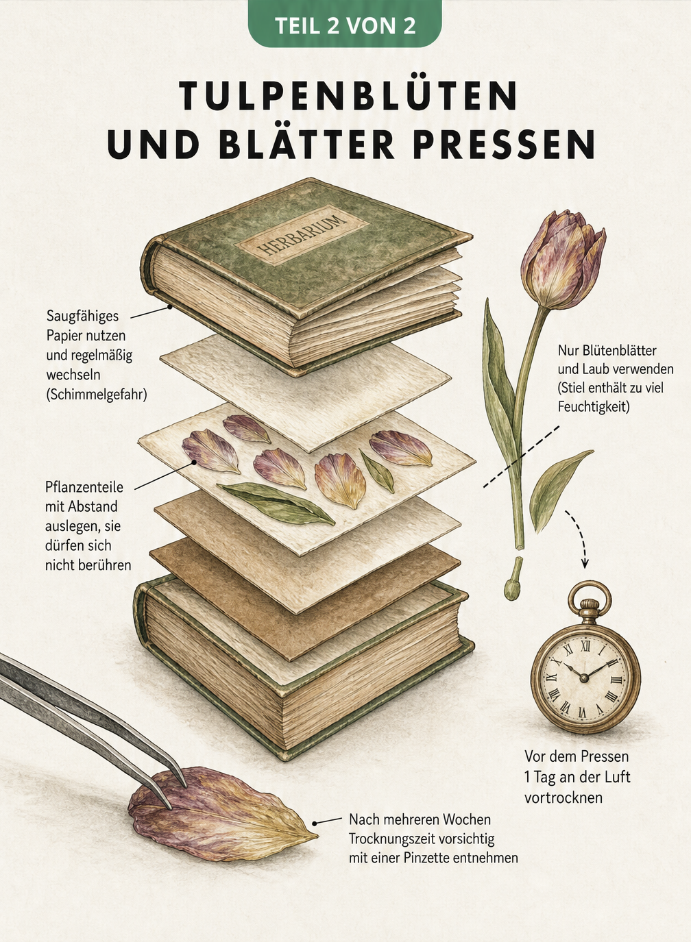Botanische Illustration eines kopfüber hängenden Tulpenbündels an einer Schnur zum Lufttrocknen.