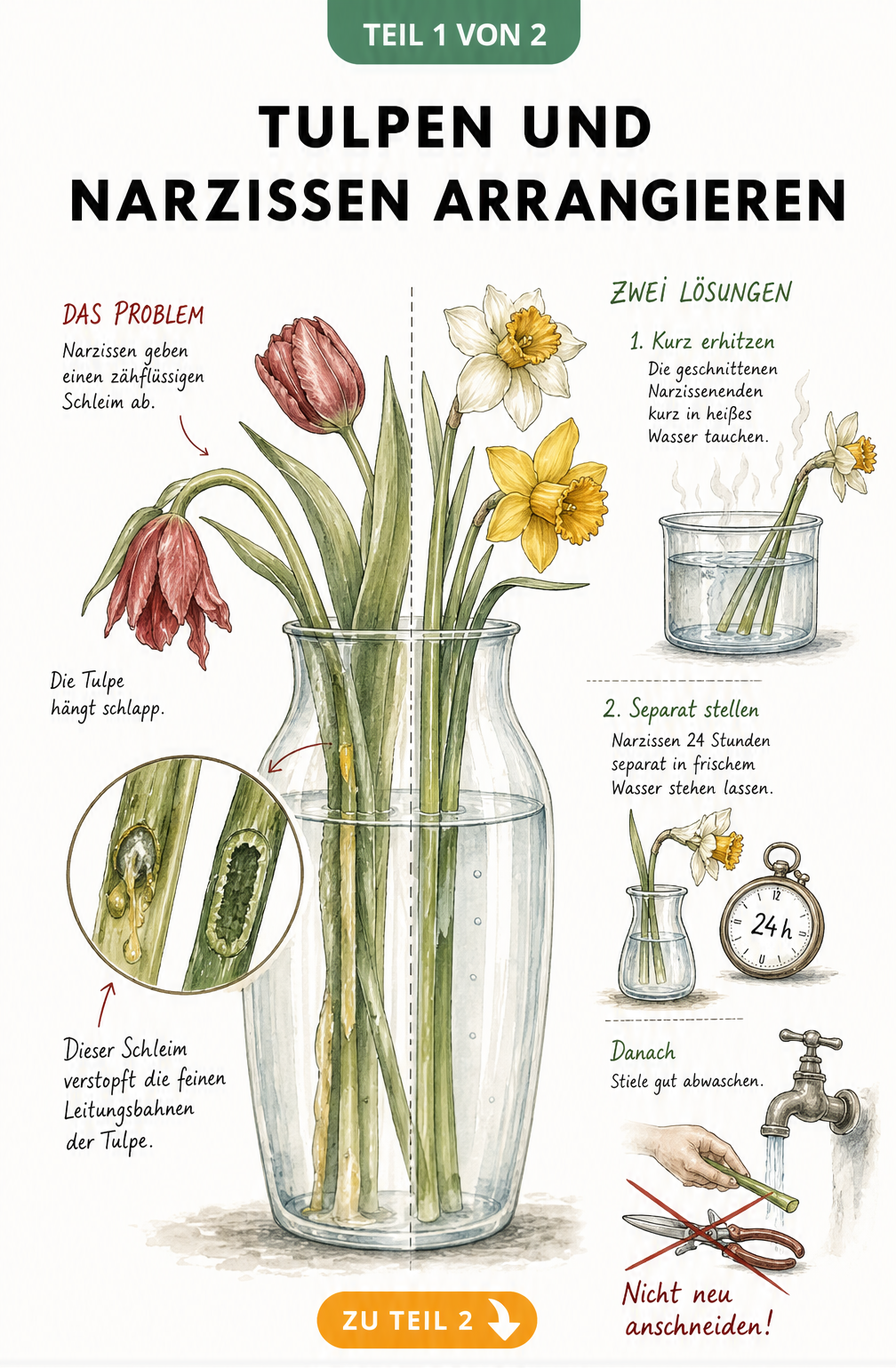 Illustration einer Vase mit Tulpen und Narzissen, die zeigt, wie der Schleim der Narzissen die Tulpenstiele verstopft, sowie zwei Lösungen: heißes Wasser und...
