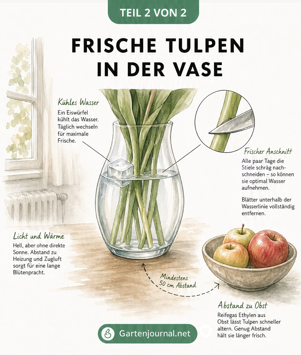 Schnittzeichnung einer Glasvase mit Tulpen, die Tipps zur Pflege wie Wasserwechsel, Anschnitt und den richtigen Standort zeigt