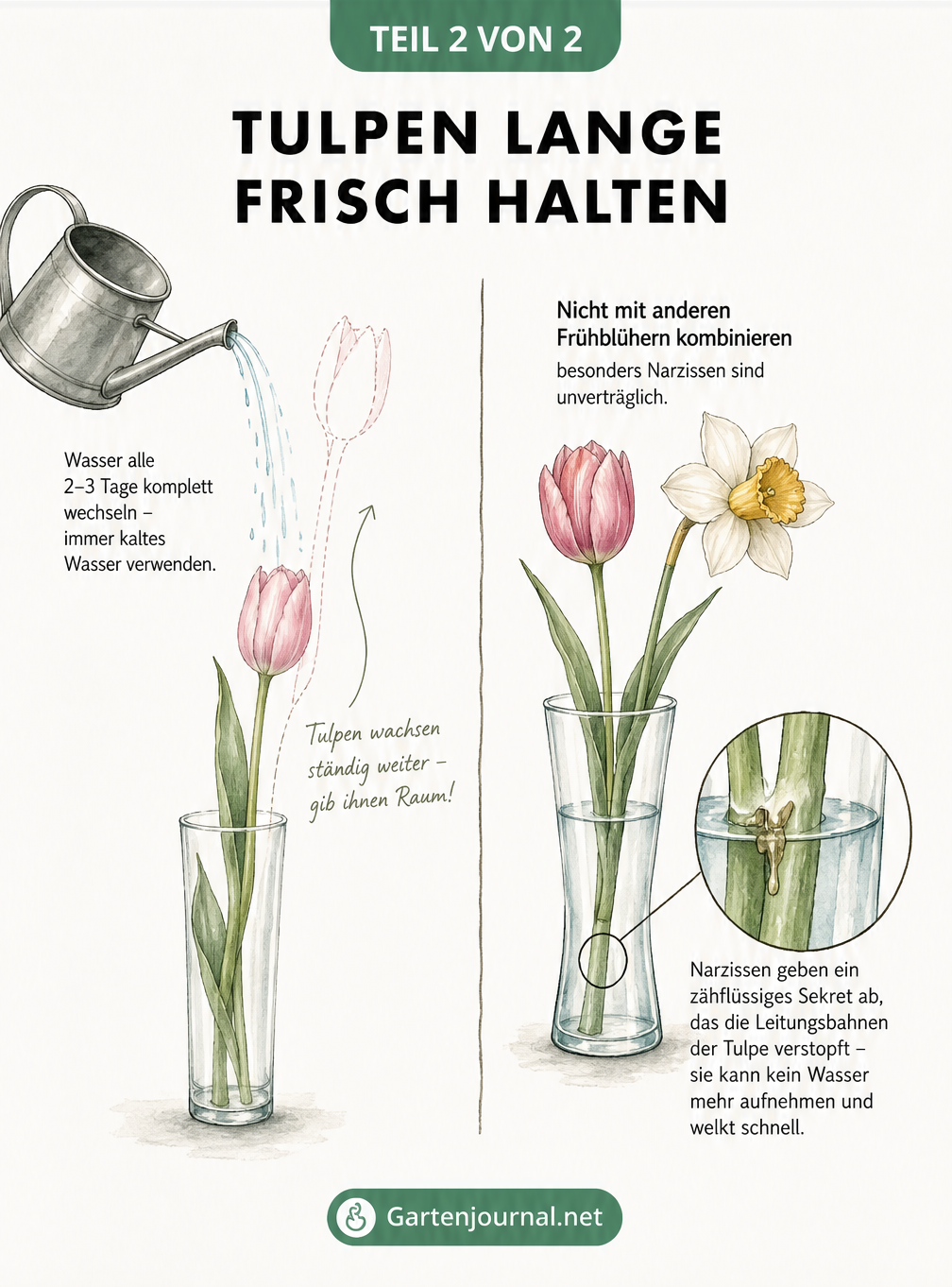 Illustration zur Tulpenpflege: Wasserwechsel mit einer Gießkanne und die Blockade der Leitungsbahnen durch Narzissen-Sekret.