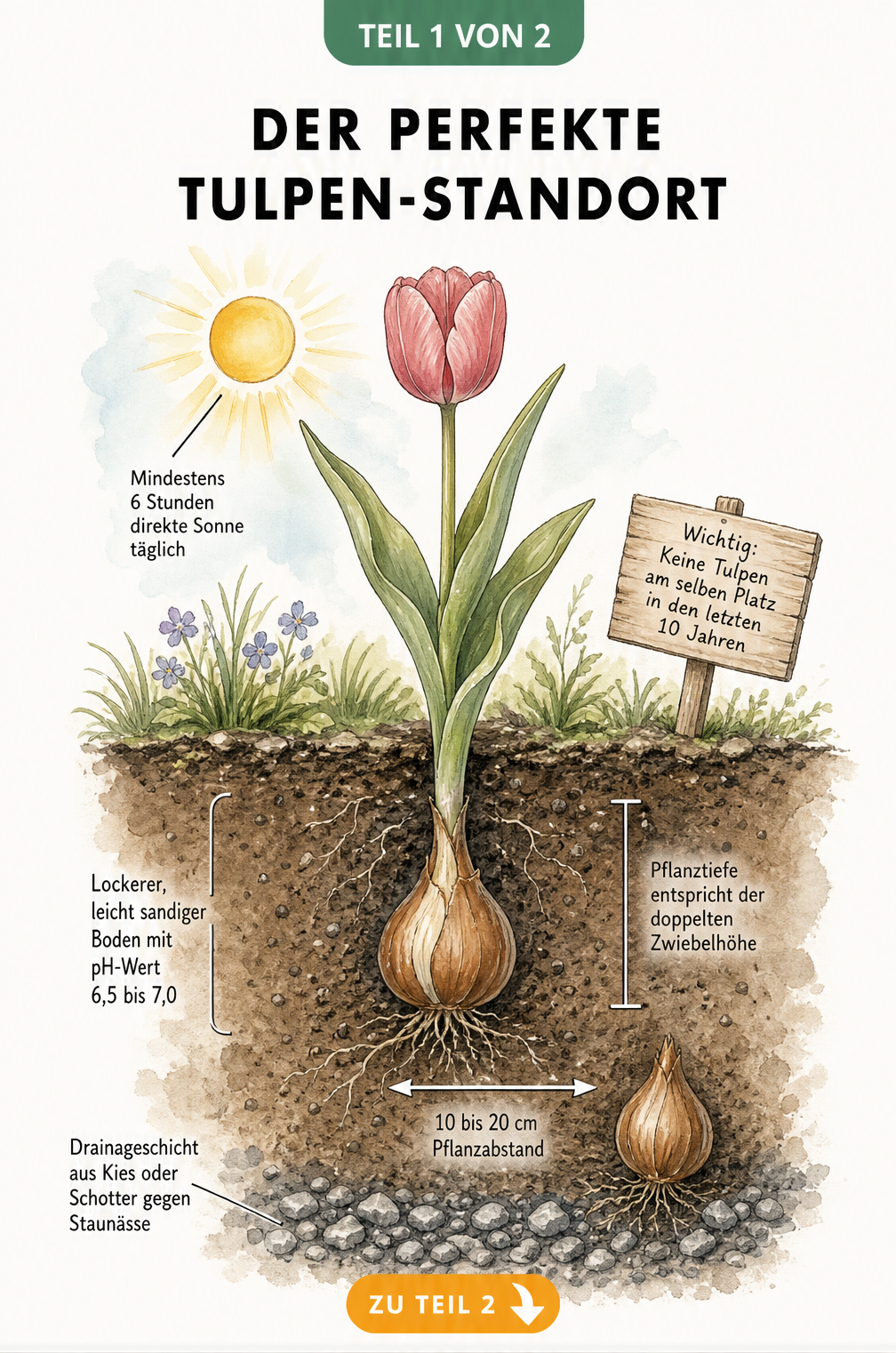 Botanische Querschnitt-Ansicht einer Tulpe im Erdreich mit Angaben zu Pflanztiefe, Abstand und Bodenbeschaffenheit