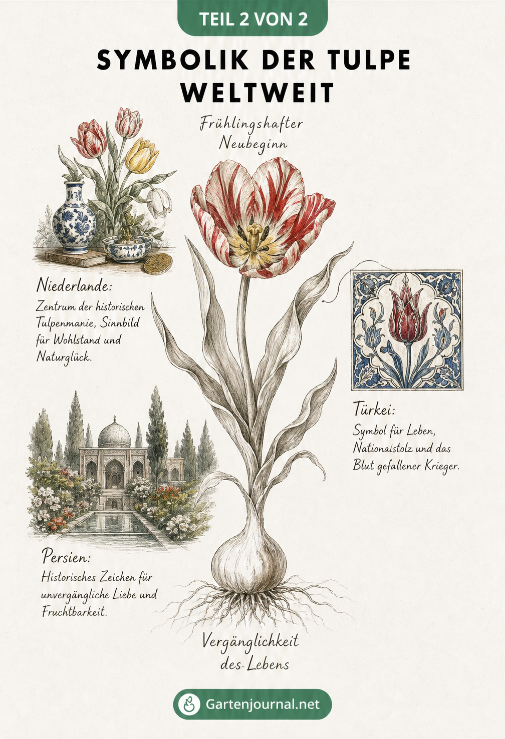 Historische Illustration einer Tulpenpflanze mit drei Vignetten zur kulturellen Bedeutung in Persien, der Türkei und den Niederlanden