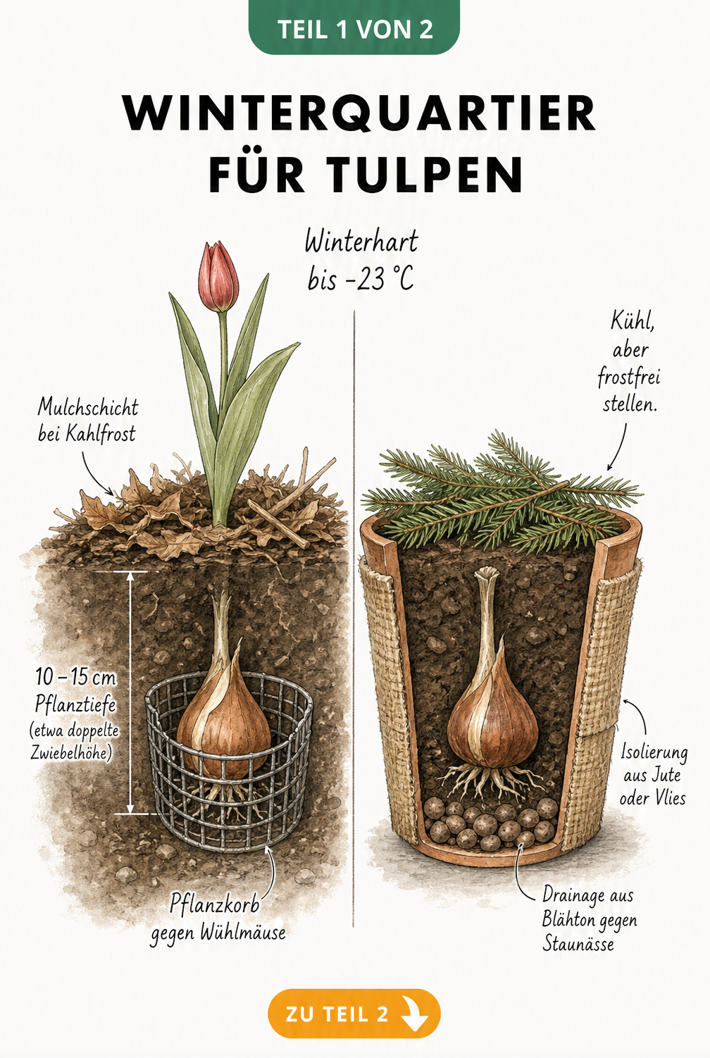 Querschnitt einer Tulpenzwiebel im Gartenboden und im Pflanztopf mit Hinweisen zur Überwinterung