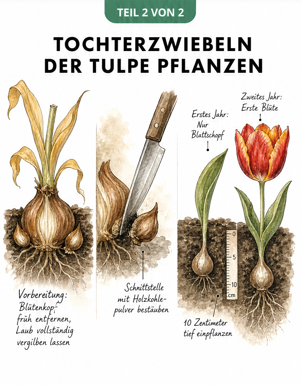 Aquarell-Illustration: Tulpen durch Tochterzwiebeln vermehren, von der Trennung der Mutterzwiebel bis zur Blüte im zweiten Jahr