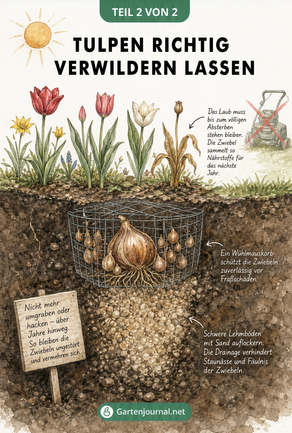 Querschnitt eines Gartenbeets mit Tulpenzwiebeln, Wühlmauskorb, Drainageschicht und verblühtem Laub