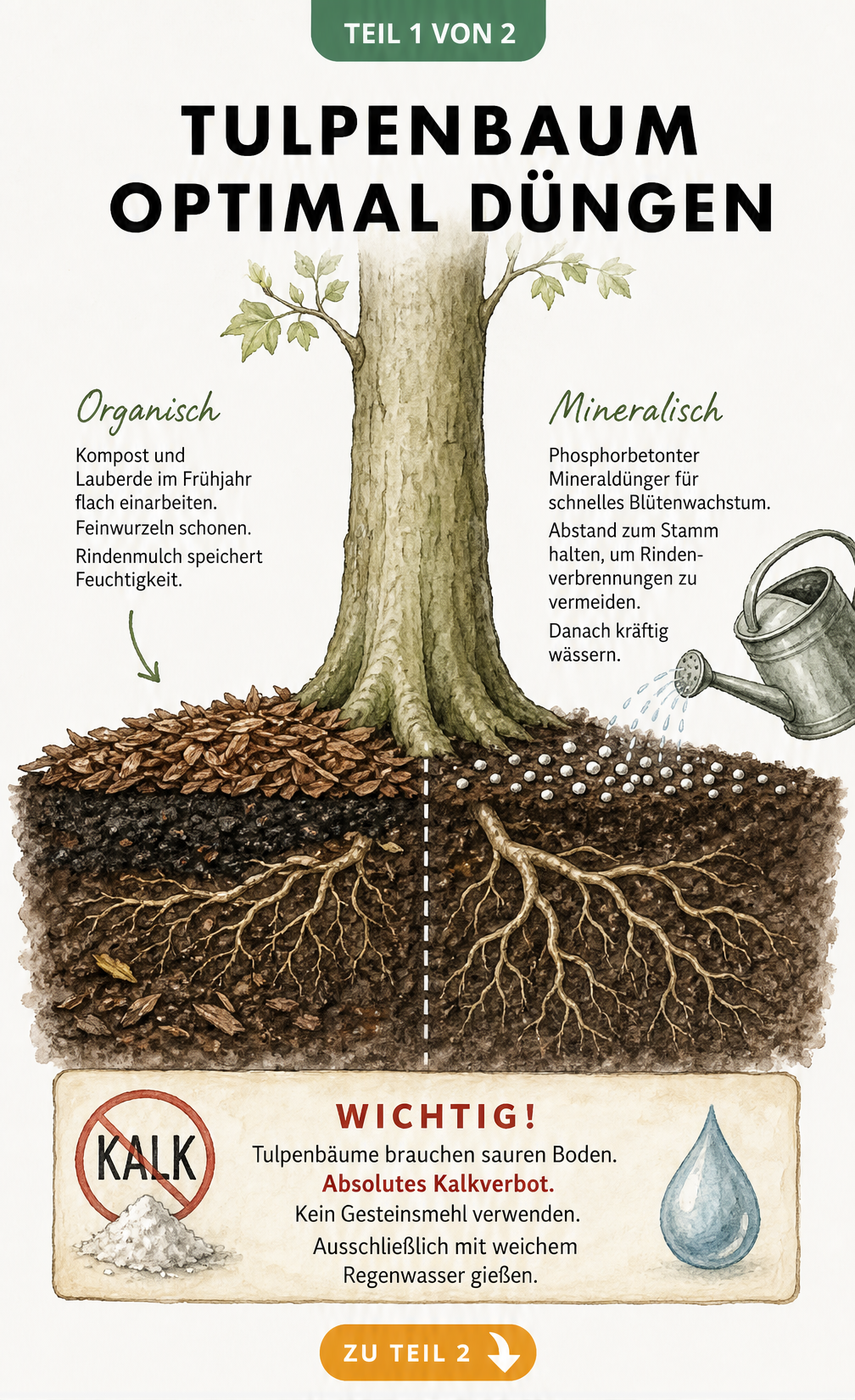 Illustration zur organischen und mineralischen Düngung eines Tulpenbaums mit Kompost, Rindenmulch und Mineraldünger