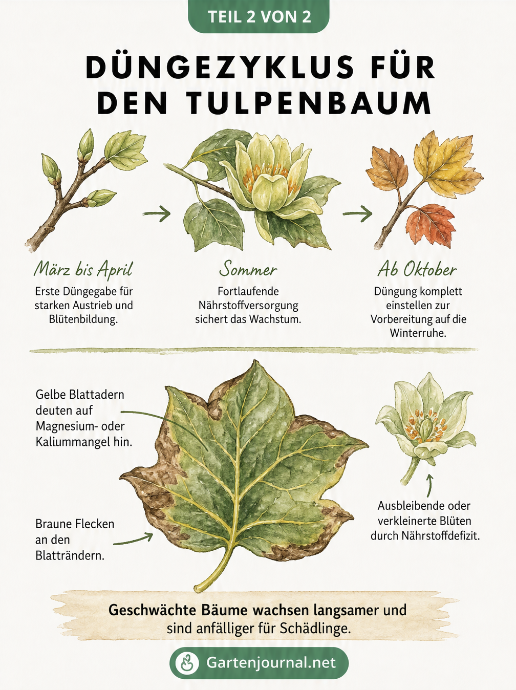 Zeichnung des Düngezyklus eines Tulpenbaums im Jahresverlauf und Darstellung von Nährstoffmangel an einem Blatt