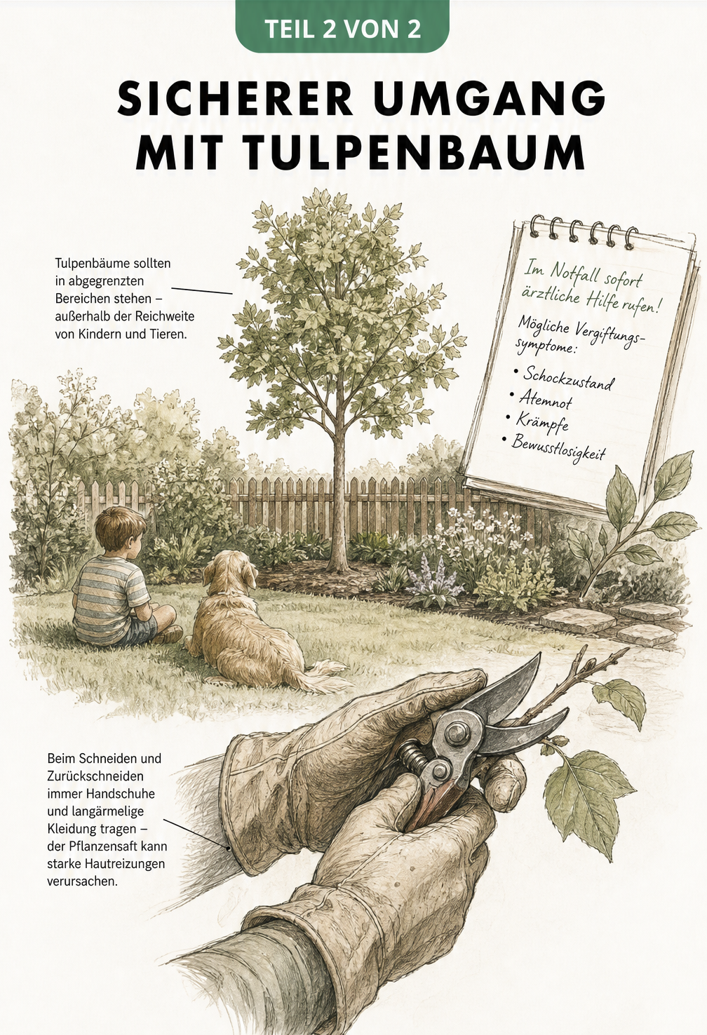 Garten-Schnittzeichnung mit einem Tulpenbaum im Hintergrund und spielendem Kind sowie Hund im Vordergrund. Im Detail sind Hände mit Lederhandschuhen und...