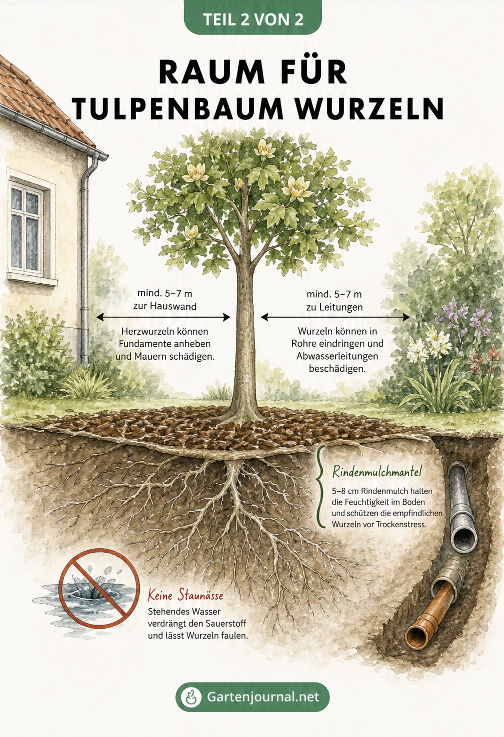 Gartenbau-Skizze eines Tulpenbaums mit Maßlinien zu Haus und Rohren sowie Querschnitt der Mulchschicht
