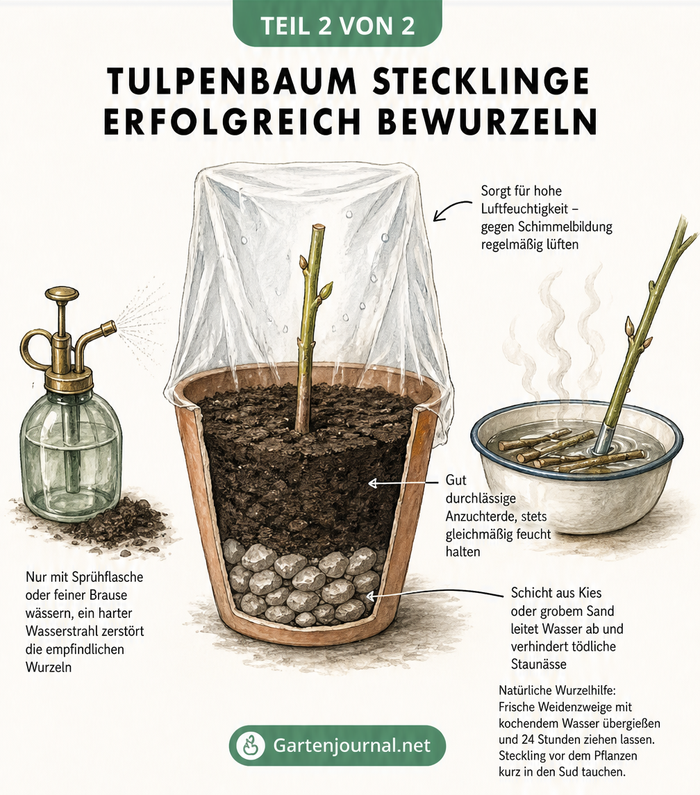 Querschnitt eines Blumentopfs mit einem Tulpenbaum-Steckling und Tipps zur Bewurzelung