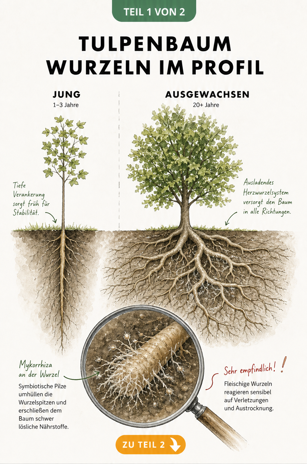 Botanische Schnittzeichnung der Wurzelentwicklung eines Tulpenbaums von der Pfahlwurzel zum Herzwurzelsystem