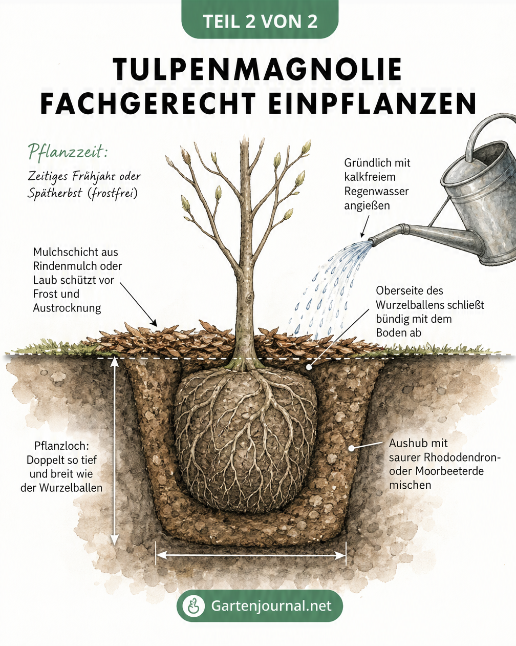Querschnitt eines Pflanzlochs mit dem Wurzelballen einer jungen Tulpenmagnolie und Pflanztipps