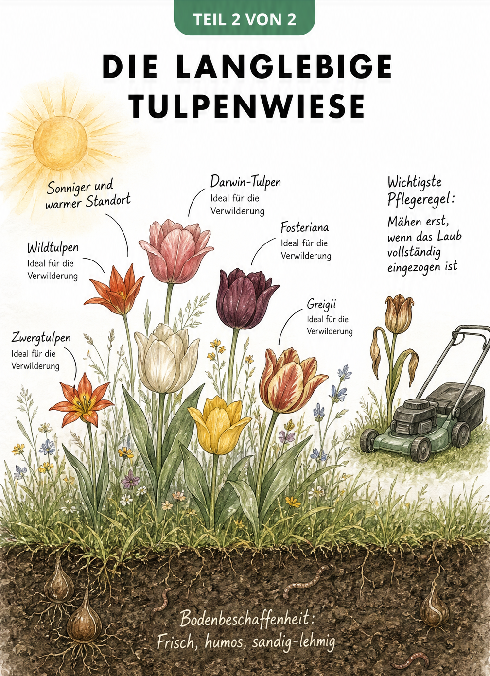 Querschnitt einer blühenden Tulpenwiese mit Wildtulpen, Zwergtulpen und Darwin-Tulpen sowie Hinweisen zu Standort, Boden und Pflege.