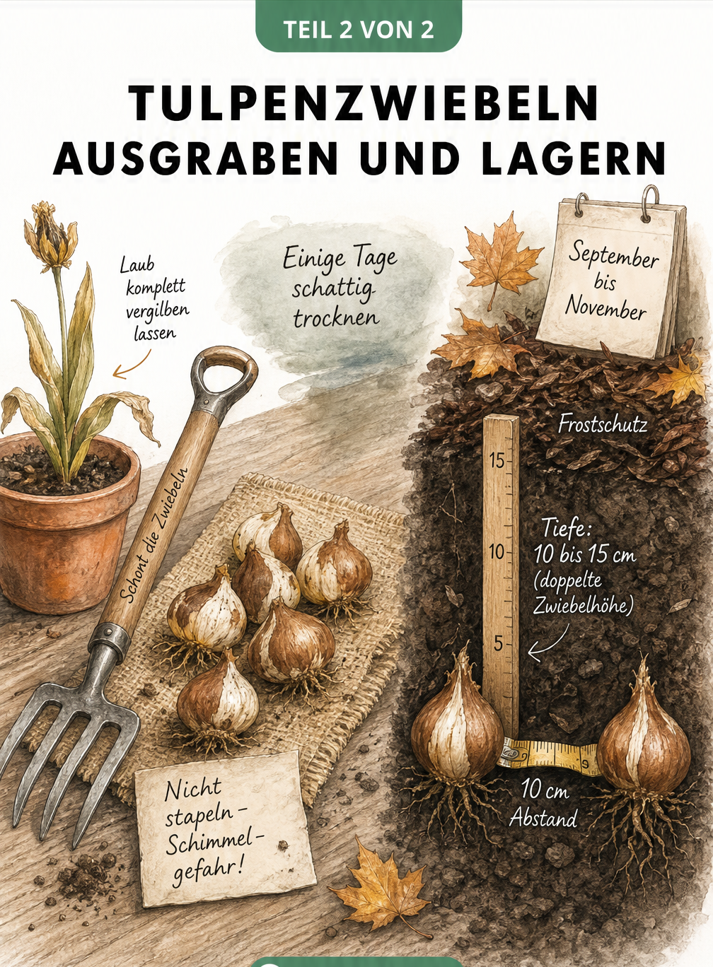 Illustration eines Zeitstrahls vom vergilbten Tulpenlaub über das Trocknen der Zwiebeln bis zum Einpflanzen im Herbst