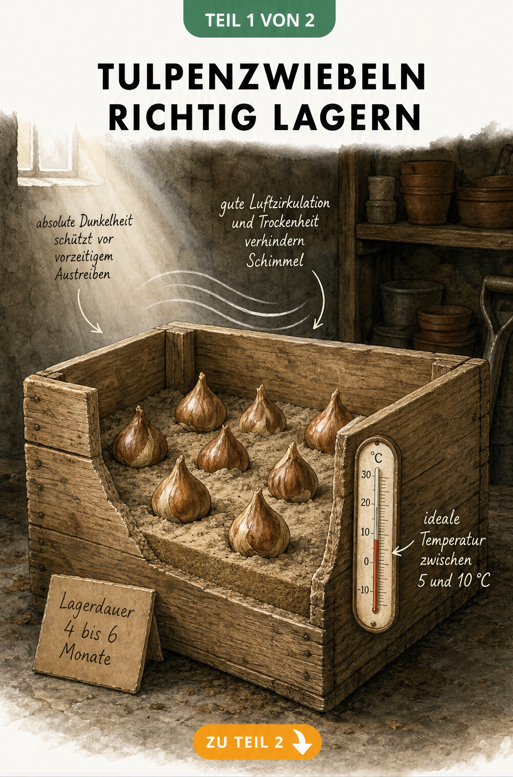 Illustration einer Holzkiste im Keller mit Tulpenzwiebeln auf Sand, Thermometer zeigt 5 bis 10 Grad