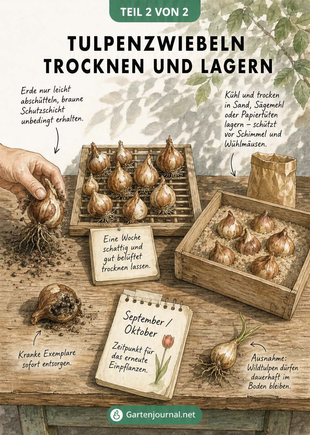 Gärtner-Werkbank mit frisch ausgegrabenen Tulpenzwiebeln, einem Holzrost zum Trocknen und einer Holzkiste mit Sand zur Lagerung