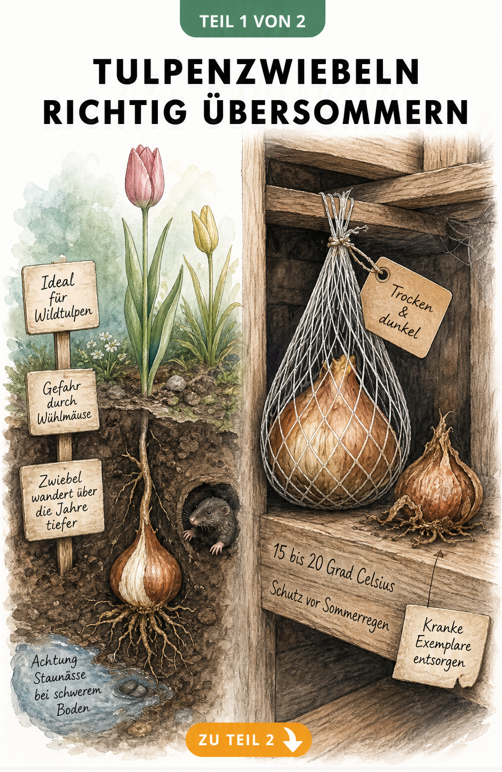 Aquarell-Zeichnung einer Tulpenzwiebel im Gartenboden und einer gelagerten Zwiebel im Kellerregal