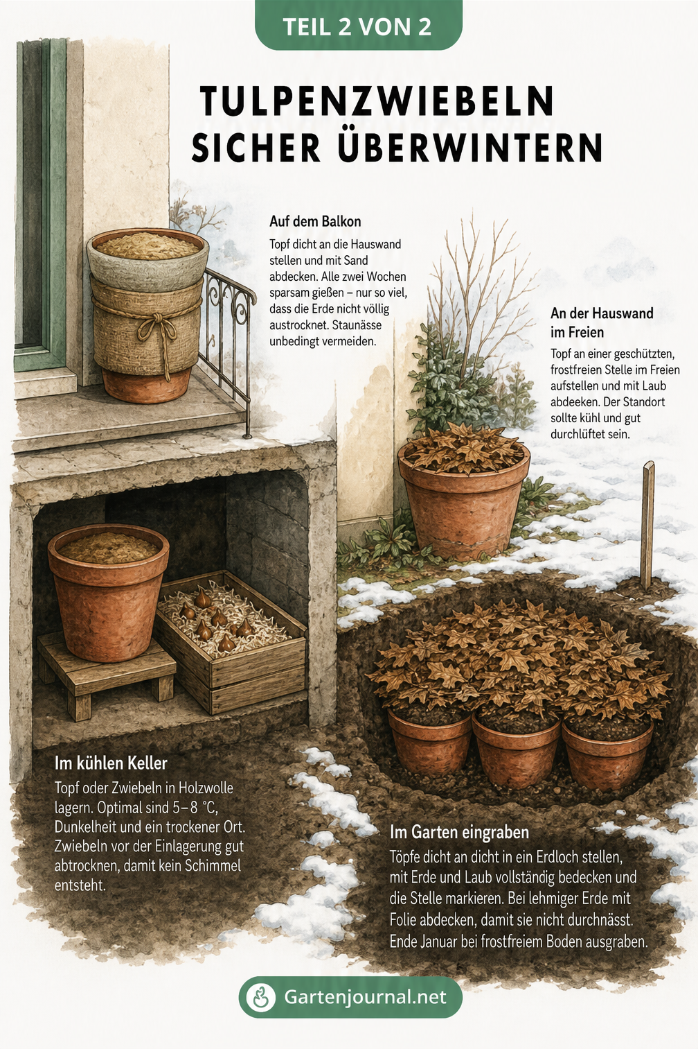 Illustration verschiedener Überwinterungsorte für Tulpenzwiebeln: Keller, Balkon und Garten