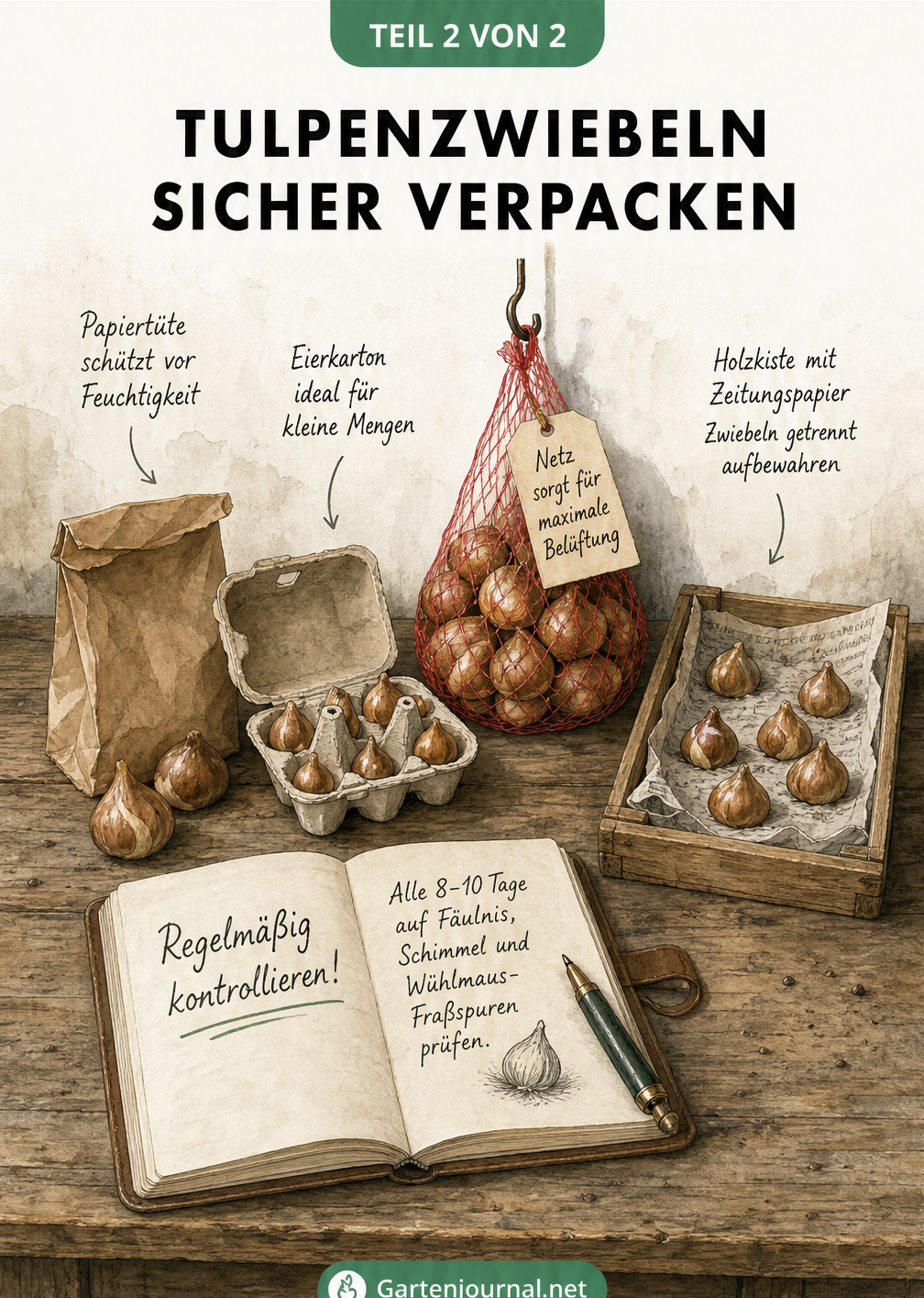 Illustration verschiedener Verpackungsmethoden für Tulpenzwiebeln: Papiertüte, Eierkarton, Netz und Holzstiege