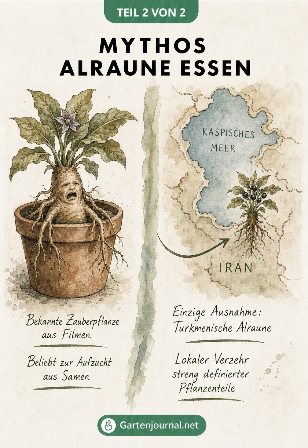 Illustration der Turkmenischen Alraune und einer Karte des Nord-Irans als einzige Ausnahme für den Verzehr