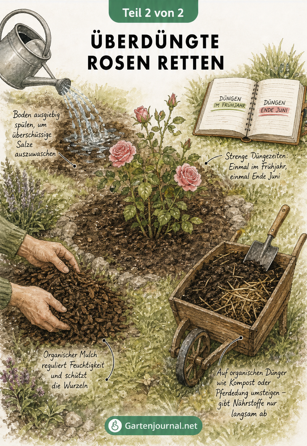 Illustration von Gartenmaßnahmen zur Rettung überdüngter Rosen: Boden spülen, mulchen und organisch düngen