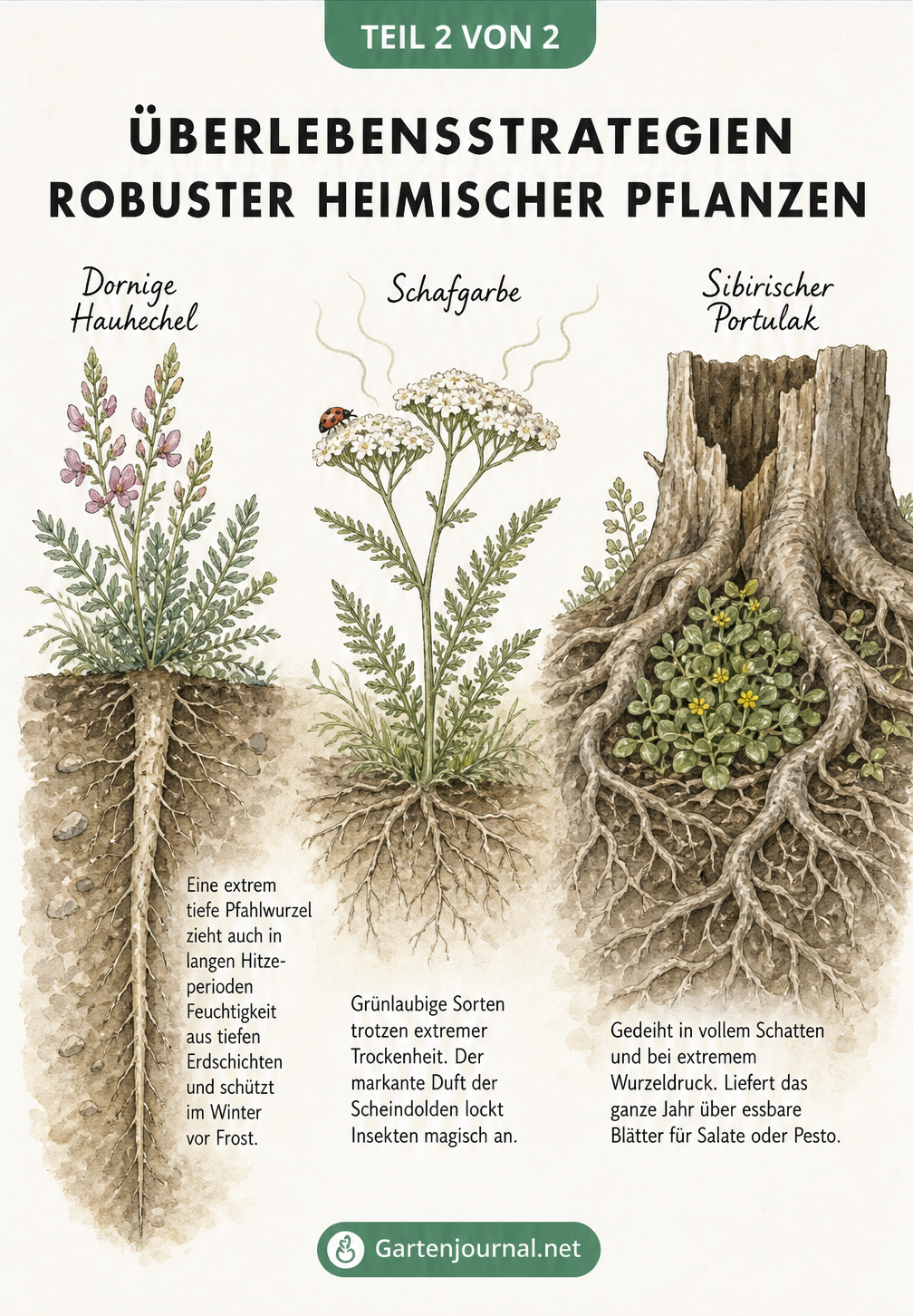 Botanische Illustration der Überlebensstrategien von Dorniger Hauhechel, Schafgarbe und Sibirischem Portulak bei Hitze und Trockenheit, inklusive...
