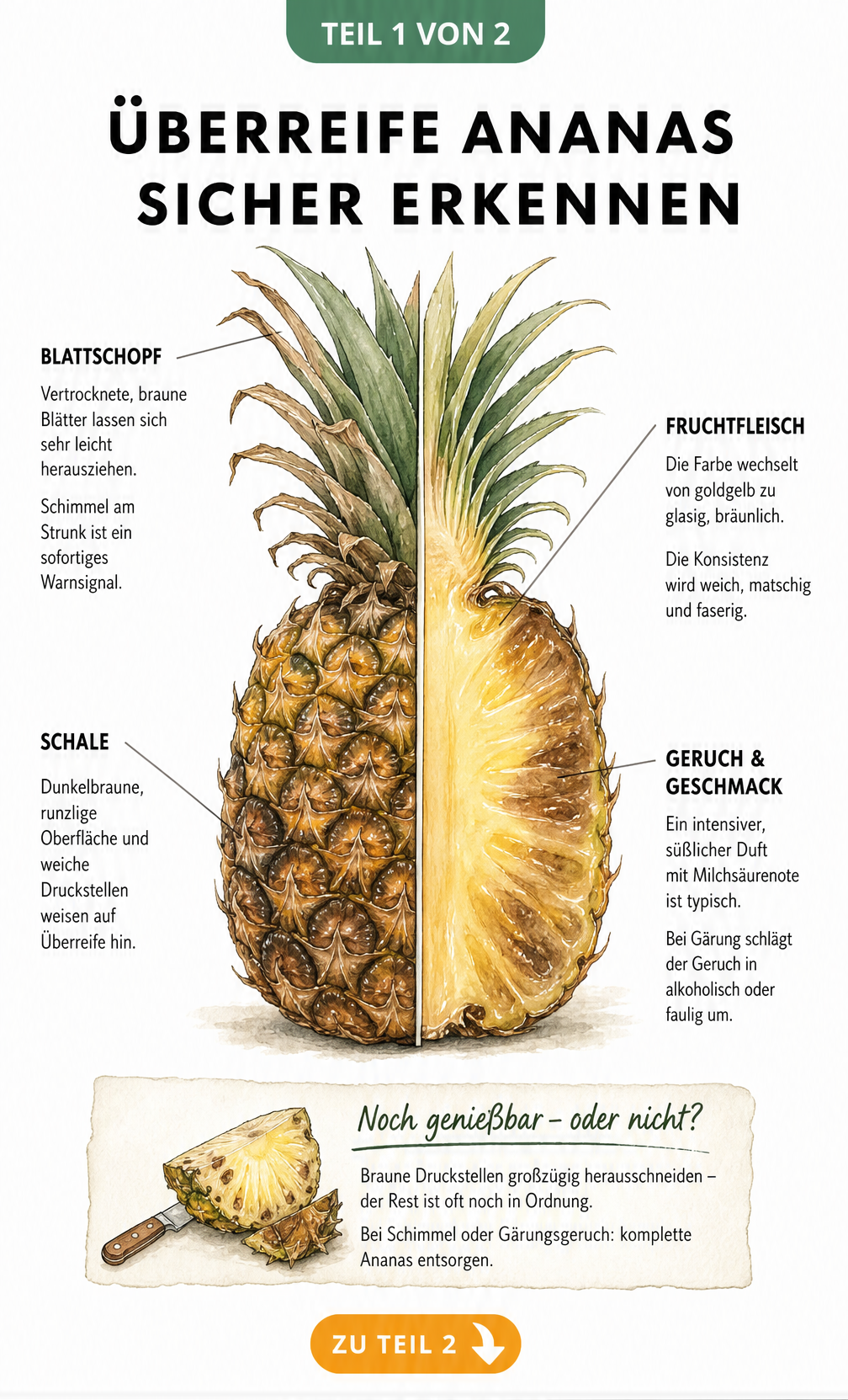 Botanische Illustration einer Ananas, die Merkmale einer überreifen Frucht wie braune Blätter, runzlige Schale und glasiges Fruchtfleisch zeigt.