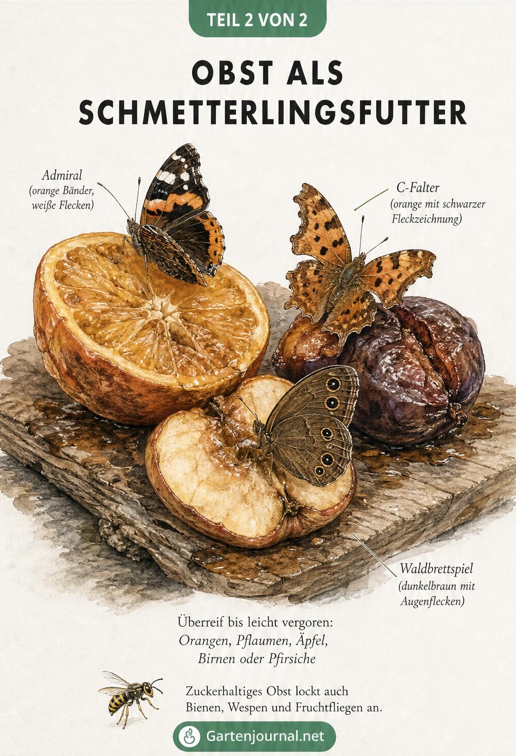 Illustration von überreifem Obst wie Orangen, Pflaumen und Äpfeln, auf denen verschiedene Schmetterlingsarten wie Admiral und C-Falter sitzen.