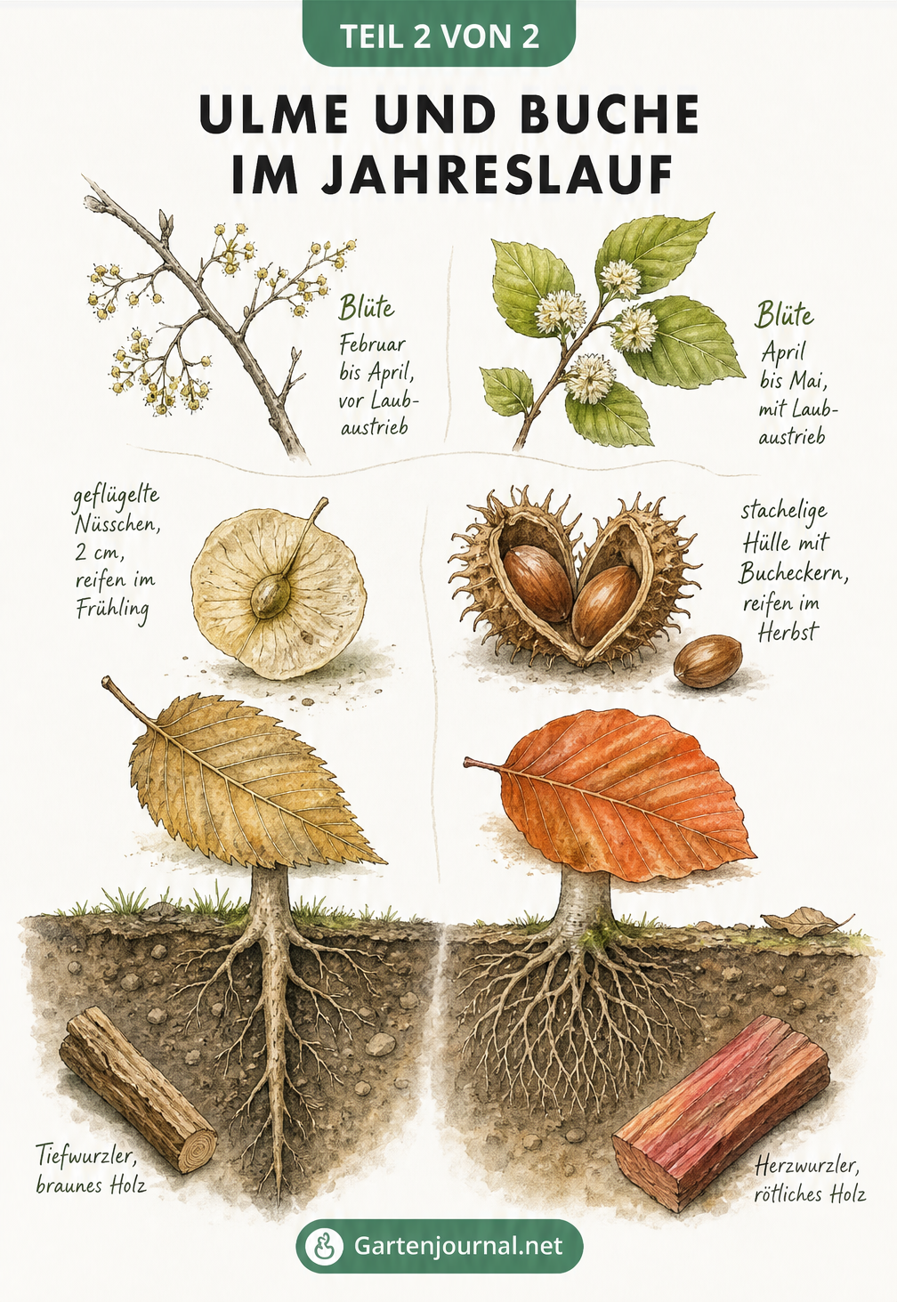 Illustration von Blüten, Früchten und Wurzeln der Ulme und Buche im Jahreslauf